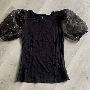 Occasion Black Chiffon Top blouse size‎ M classic elegant pearls puffy sleeves